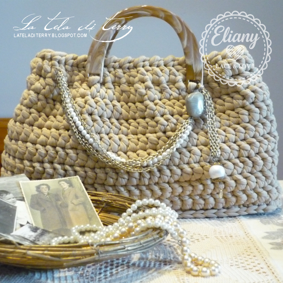 Borsa uncinetto cotone beige, manico tartaruga