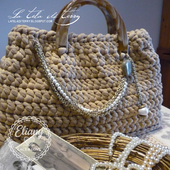 Borsa uncinetto cotone beige, manico tartaruga