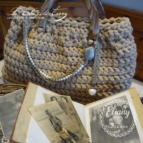 Borsa uncinetto cotone beige, manico tartaruga