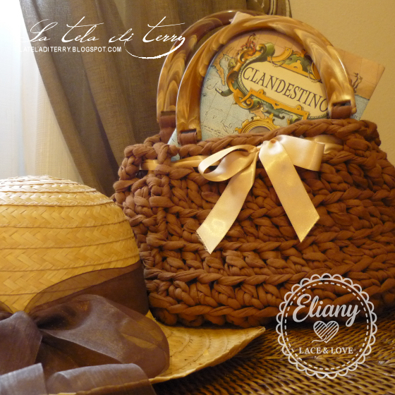 Borsa uncinetto cotone caramello, tartaruga & raso