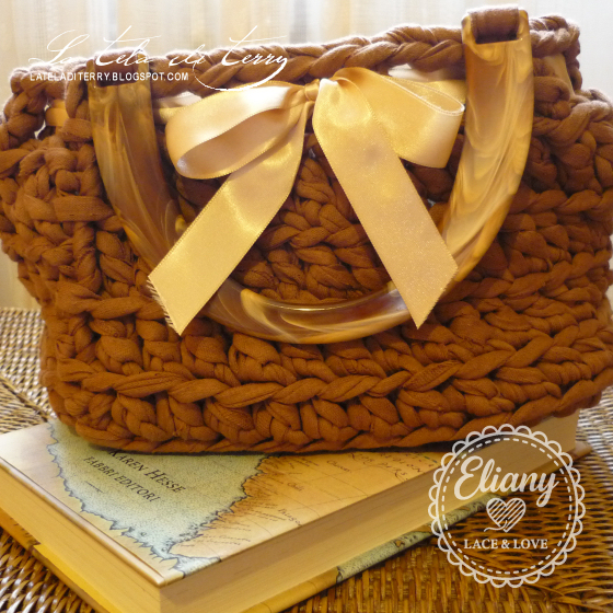 Borsa uncinetto cotone caramello, tartaruga & raso