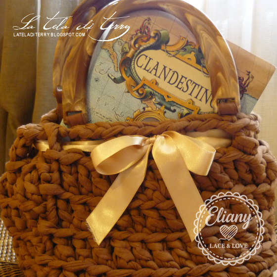 Borsa uncinetto cotone caramello, tartaruga & raso