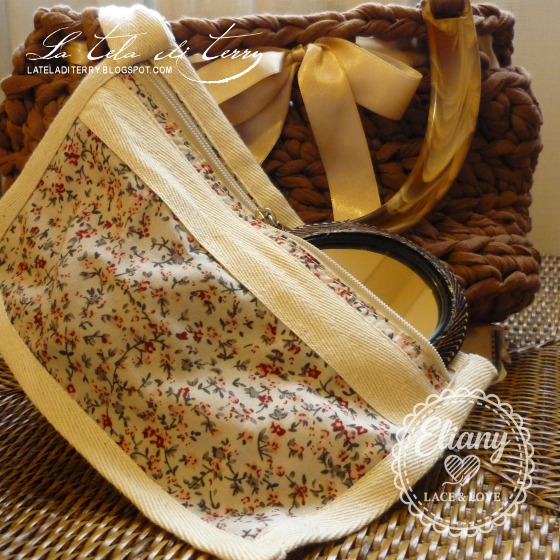 Borsa uncinetto cotone caramello, tartaruga & raso
