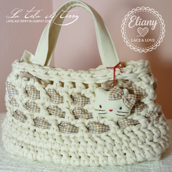 Borsa uncinetto cotone beige, Hello Kitty