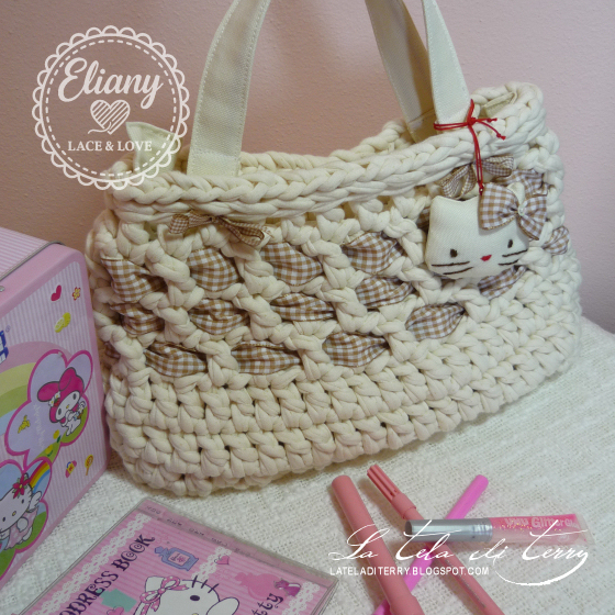 Borsa uncinetto cotone beige, Hello Kitty