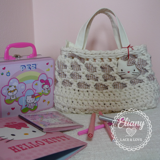 Borsa uncinetto cotone beige, Hello Kitty